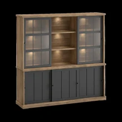 Ygo Dressoir met Opzetkast TOLUCA Old Teak/Zwart B209| Vitrinekasten