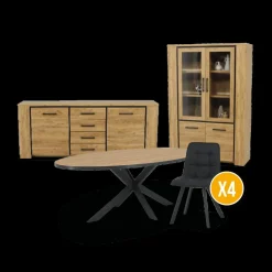 Ygo Eetkamer ANTONIO: Dressoir + Glaskast + Tafel 220x110 + 4x ALTEA Antraciet| Woon- En Eetkamers