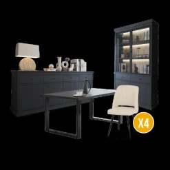 Ygo Eetkamer CASTELLO: Dressoir + Vitrinekast + Eettafel 180 + 4x Stoelen ALBA Plume| Woon- En Eetkamers