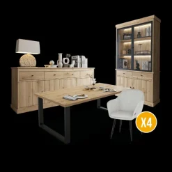 Ygo Eetkamer CASTELLO: Dressoir + Vitrinekast + Eettafel 210x98 + 4x Stoelen BARKER Natural| Woon- En Eetkamers