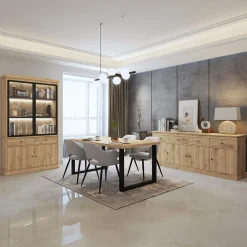 Ygo Eetkamer CASTELLO: Dressoir + Vitrinekast + Eettafel 210x98 + 4x Stoelen BARKER Natural| Woon- En Eetkamers