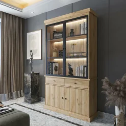 Ygo Eetkamer CASTELLO: Dressoir + Vitrinekast + Eettafel 210x98 + 4x Stoelen BARKER Natural| Woon- En Eetkamers