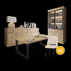 Ygo Eetkamer CASTELLO: Dressoir + Vitrinekast + Eettafel 210 + 4x Stoelen ALBA Plume| Woon- En Eetkamers