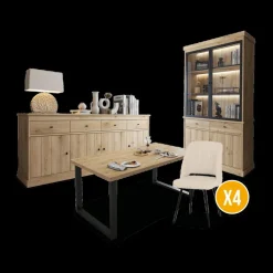 Ygo Eetkamer CASTELLO: Dressoir + Vitrinekast + Eettafel 180 + 4x Stoelen ALBA Plume| Woon- En Eetkamers