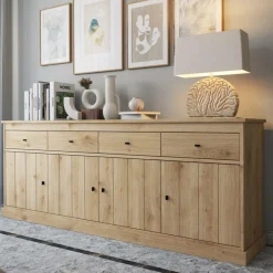 Ygo Eetkamer CASTELLO: Dressoir + Vitrinekast + Eettafel 180x98 + 4x Stoelen TOMASO Micro Cognac| Woon- En Eetkamers