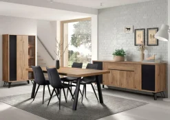 Ygo Eetkamer CREW: Dressoir + Glaskast + Tafel 200x100 + 4 stoelen LORRY Zwart| Woon- En Eetkamers