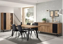 Ygo Eetkamer CREW: Dressoir + Glaskast + Tafel 200x100 + 4 stoelen LORRY Zwart| Woon- En Eetkamers