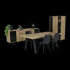Ygo Eetkamer CREW: Dressoir + Glaskast + Tafel 200x100 + 4 stoelen LORRY Zwart| Woon- En Eetkamers