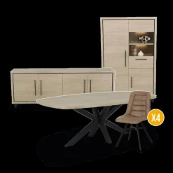 Ygo Eetkamer LATINA: Dressoir + Glaskast + Eettafel 220x120 + 4x Stoelen CLAUDIA Chicago Truffle| Woon- En Eetkamers