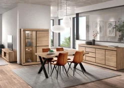 Ygo Eetkamer MACOUN: Dressoir + Glaskast + ABBEY Tafel + 4 stoelen LORRY Cognac| Woon- En Eetkamers