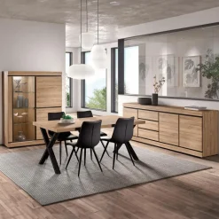Ygo Eetkamer MACOUN: Dressoir + Glaskast + ABBEY Tafel + 4 stoelen LORRY zwart| Woon- En Eetkamers