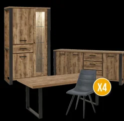 Ygo Eetkamer MADAGASCAR: Dressoir + Glaskast + Tafel 200x100 + 4 stoelen LORRY Zwart| Woon- En Eetkamers