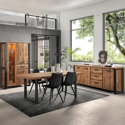 Ygo Eetkamer MADAGASCAR: Dressoir + Glaskast + Tafel 200x100 + 4 stoelen LORRY Zwart| Woon- En Eetkamers