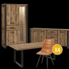Ygo Eetkamer MADAGASCAR: Dressoir + Glaskast + Tafel 200x100 + 4 stoelen LORRY Cognac| Woon- En Eetkamers