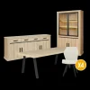 Ygo Eetkamer TEODOR: Dressoir + Vitrinekast + Eettafel ABBEY 200x100 + 4x stoelen ALECIO Pearl| Woon- En Eetkamers