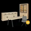 Ygo Eetkamer TEODOR: Dressoir + Vitrinekast + Eettafel ABBEY 200x100 + 4x stoelen INDIGO Mouse Grey| Woon- En Eetkamers