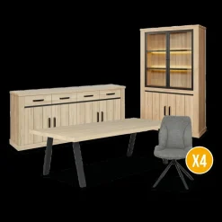 Ygo Eetkamer TEODOR: Dressoir + Vitrinekast + Eettafel ABBEY 230x100 + 4x stoelen INDIGO Mouse Grey| Woon- En Eetkamers