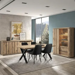 Ygo Eetkamer TREVOR: Dressoir + Glaskast + Tafel + 4 Stoelen LISSONI zwart| Woon- En Eetkamers