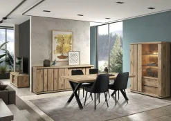 Ygo Eetkamer TREVOR: Dressoir + Glaskast + Tafel + 4 Stoelen LISSONI zwart| Woon- En Eetkamers