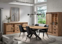 Ygo Eetkamer VERDUN: Dressoir + Combikast + Tafel Ovaal 200x100 + 4 stoelen LISSONI PU Zwart| Woon- En Eetkamers