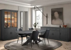 Ygo Eetkamer WINSTON: Dressoir + Glaskast + Tafel Ovaal 230x120 + 4 stoelen LISSONI Zwart| Woon- En Eetkamers